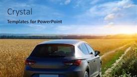  Presentation with dirt car - Slides having car on a dirt road in a field of sunflowers and wheat with sunlight background and a light blue colored foreground