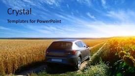  Presentation with dirt car - Amazing PPT theme having car on a dirt road in a field of sunflowers and wheat with sunlight backdrop and a teal colored foreground