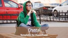  Presentation with city - Colorful presentation enhanced with car parking college - young man sitting backdrop and a coral colored foreground