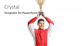  Presentation with gold trophy - Theme having car-racer-holding-a-gold background and a white colored foreground