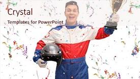  Presentation with gold trophy - PPT layouts with car racer holding a gold background and a sky blue colored foreground