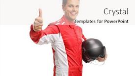  Presentation with race car a red racing - Cool new slide set with car-racer-holding-a-helmet backdrop and a sky blue colored foreground
