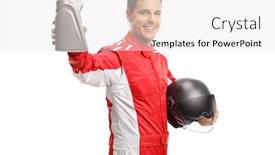  Presentation with motor oil - Beautiful presentation design featuring car-racer-holding-a-helmet backdrop and a white colored foreground