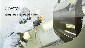  Presentation with car door - Presentation theme having car repairman painter in chamber background and a sky blue colored foreground