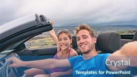  Presentation with sports car - Presentation design enhanced with car-road-trip-couple-selfie background and a ocean colored foreground