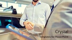  Presentation with shaking hands - PPT theme enhanced with car sales - happy man shaking hands background and a coral colored foreground