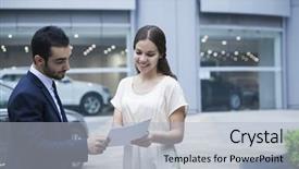  Presentation with salesman - Beautiful PPT layouts featuring car salesman and young woman backdrop and a light blue colored foreground
