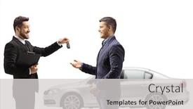  Presentation with salesman - Audience pleasing PPT theme consisting of car-salesman-giving-car-keys backdrop and a light gray colored foreground