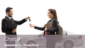  Presentation with salesman - Presentation theme having car-salesman-giving-car-keys background and a gray colored foreground