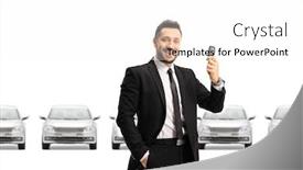  Presentation with salesman - Presentation theme consisting of car-salesman-holding-a-car background and a white colored foreground