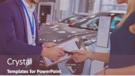  Presentation with dealership - Colorful presentation design enhanced with car salesman sells a car to happy customer in car dealership and hands over the keys backdrop and a violet colored foreground