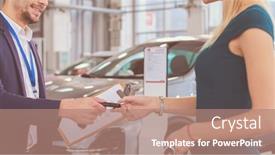  Presentation with salesman - PPT theme having car-salesman-sells-a-car background and a coral colored foreground