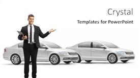  Presentation with salesman - PPT layouts consisting of car-salesman-showing-a-new background and a white colored foreground