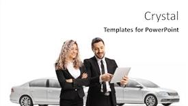  Presentation with salesman - Amazing presentation design having car-salesman-showing-a-tablet backdrop and a white colored foreground