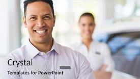  Presentation with salesman - Audience pleasing PPT layouts consisting of car salesman standing in front backdrop and a light gray colored foreground