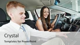 Presentation with salesperson - Beautiful presentation theme featuring commercial auto dealership - car salesperson demonstrating new automobile backdrop and a light gray colored foreground