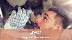  Presentation with mechanic car service repair maintenance - Slide deck enhanced with car service repair maintenance and people concept - auto mechanic man or smith with flashlight working at workshop background and a coral colored foreground