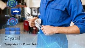  Presentation with mechanic car service repair maintenance - Cool new slides with car service repair maintenance and people concept - auto mechanic man or smith with wrench at workshop backdrop and a light blue colored foreground