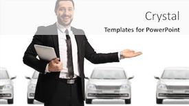  Presentation with welcome - Audience pleasing presentation theme consisting of car-showroom-manager-gesturing-welcome backdrop and a white colored foreground