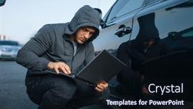  Presentation with hacking - Audience pleasing presentation design consisting of car-thief-with-laptop-hacking backdrop and a wine colored foreground