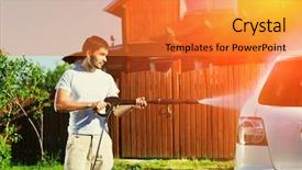  Presentation with air pollution car - Amazing PPT theme having car washing on open air backdrop and a gold colored foreground