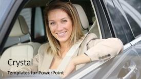  Presentation with driving - Presentation enhanced with cheerful woman at car window driving brand new vehicle background and a lemonade colored foreground