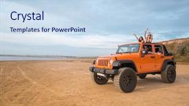  Presentation with road trip - Presentation theme featuring group of excited happy friends standing in a car with hands raised during road trip background and a sky blue colored foreground