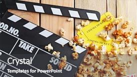  Presentation with movie ticket - Colorful slide deck enhanced with caramel popcorn tickets and movie backdrop and a dark gray colored foreground