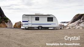  Presentation with mountains - Colorful presentation theme enhanced with caravan park - photo of motorhome on background backdrop and a coral colored foreground