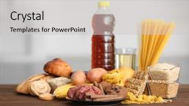  Presentation with dark vintage wood table texture - Slide deck consisting of carbohidratos - assortment of delicious products background and a light gray colored foreground