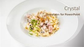  Presentation with pasta sauce - Colorful presentation design enhanced with carbonara-pasta-spaghetti-with-pancetta backdrop and a lemonade colored foreground