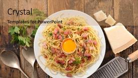  Presentation with spaghetti - Audience pleasing theme consisting of carbonara spaghetti on wood background backdrop and a coral colored foreground