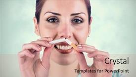  Presentation with carcinogenic - Theme consisting of carcinogenic - close-up portrait of smiling woman background and a coral colored foreground