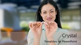  Presentation with college seminar hall - PPT theme having carcinogenic - smiling woman snapping cigarette background and a  colored foreground