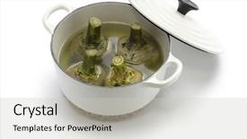  Presentation with roman style - Audience pleasing presentation theme consisting of carciofi alla romana roman style boiled artichokes in cast iron casserole backdrop and a light gray colored foreground