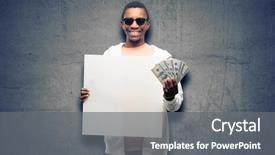  Presentation with announcement - Amazing theme having card banking advertisment - african man holding dollar bank backdrop and a gray colored foreground