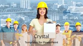  Presentation with industrial workers - Colorful presentation theme enhanced with card factory - group of industrial workers backdrop and a soft green colored foreground