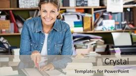  Presentation with paper cutting - Amazing slide set having card factory - happy female worker cutting paper backdrop and a soft green colored foreground