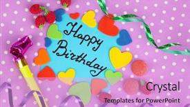  Presentation with happy birthday card - Beautiful PPT theme featuring card happy birthday surrounded by festive elements on purple background backdrop and a lavender colored foreground