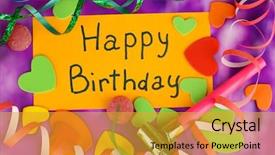  Presentation with happy birthday card - Cool new PPT layouts with card happy birthday surrounded by festive elements on purple background backdrop and a gold colored foreground