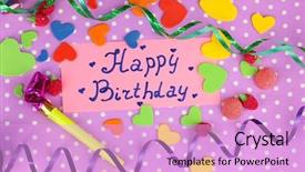 Presentation with birthday card - Colorful slide deck enhanced with card happy birthday surrounded by festive elements on purple background backdrop and a lilac colored foreground