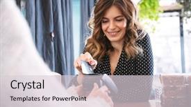  Presentation with pay restaurant bill bill bank - Slide deck consisting of card in a restaurant waitress background and a light gray colored foreground