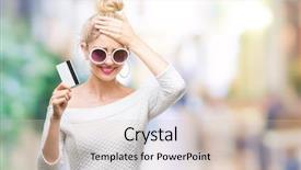  Presentation with blonde holds a magnifying glass - Colorful presentation theme enhanced with card over isolated background stress backdrop and a  colored foreground