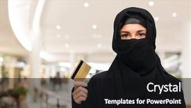  Presentation with islamic finance - Audience pleasing PPT theme consisting of card over shopping center background backdrop and a black colored foreground