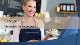  Presentation with coffee shop - PPT theme having card reader - barista serving customer in coffee background and a coral colored foreground