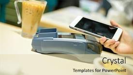  Presentation with pay - Slide deck consisting of card rfid - customer pay on cellphone background and a  colored foreground