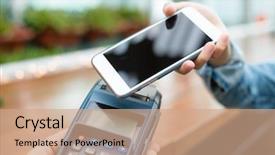  Presentation with nfc technology - Presentation theme with card rfid - customer using mobile phone background and a coral colored foreground