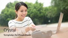  Presentation with pay - Presentation theme enhanced with card rfid - woman pay by credit background and a  colored foreground