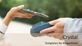  Presentation with nfc technology - PPT theme featuring card rfid - woman paying with nfc technology background and a soft green colored foreground