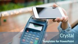  Presentation with mobile use - PPT theme enhanced with card rfid - woman use of mobile phone background and a ocean colored foreground